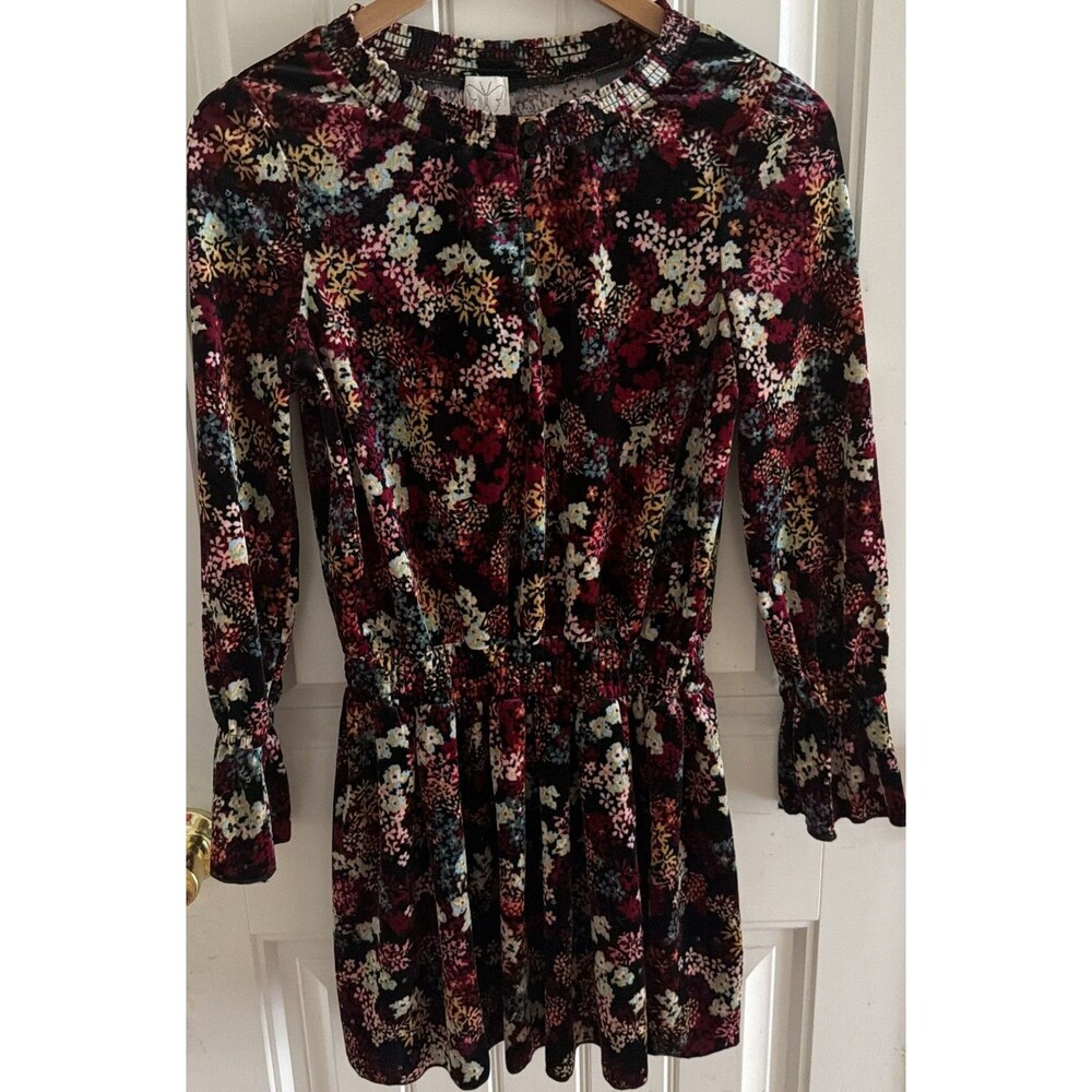 Ella Moss Girls Floral Smocked Waist Mini Dress 14 Long Sleeve Boho Velour
